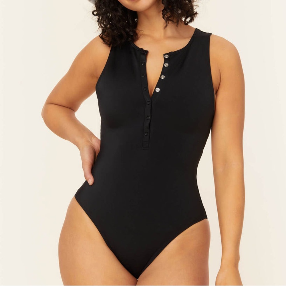 Andie LT Long Torso Black Smooth High Neck Snap Front Malibu One Piece Swimsuit